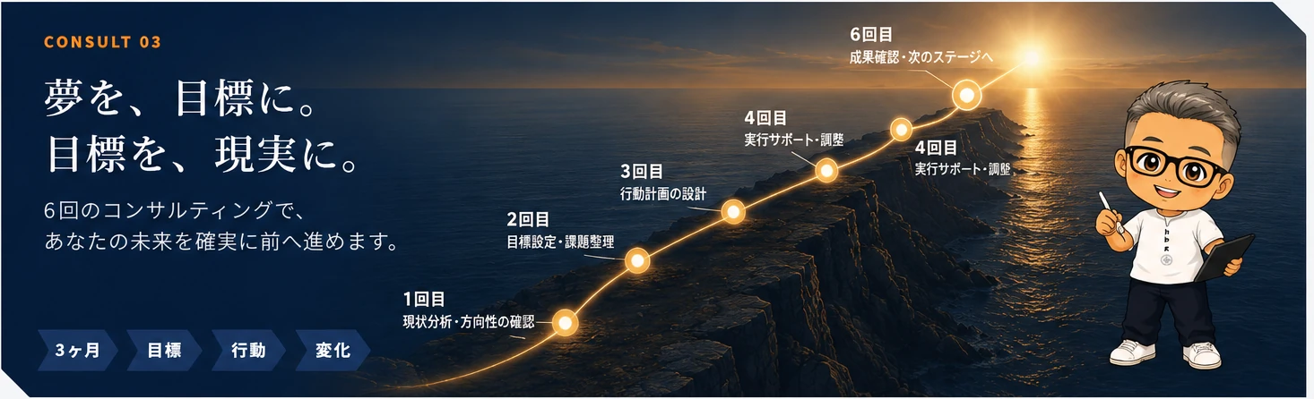 6回のコンサルティングで時間経過と成長を表す成幸戦略プログラムのイメージ