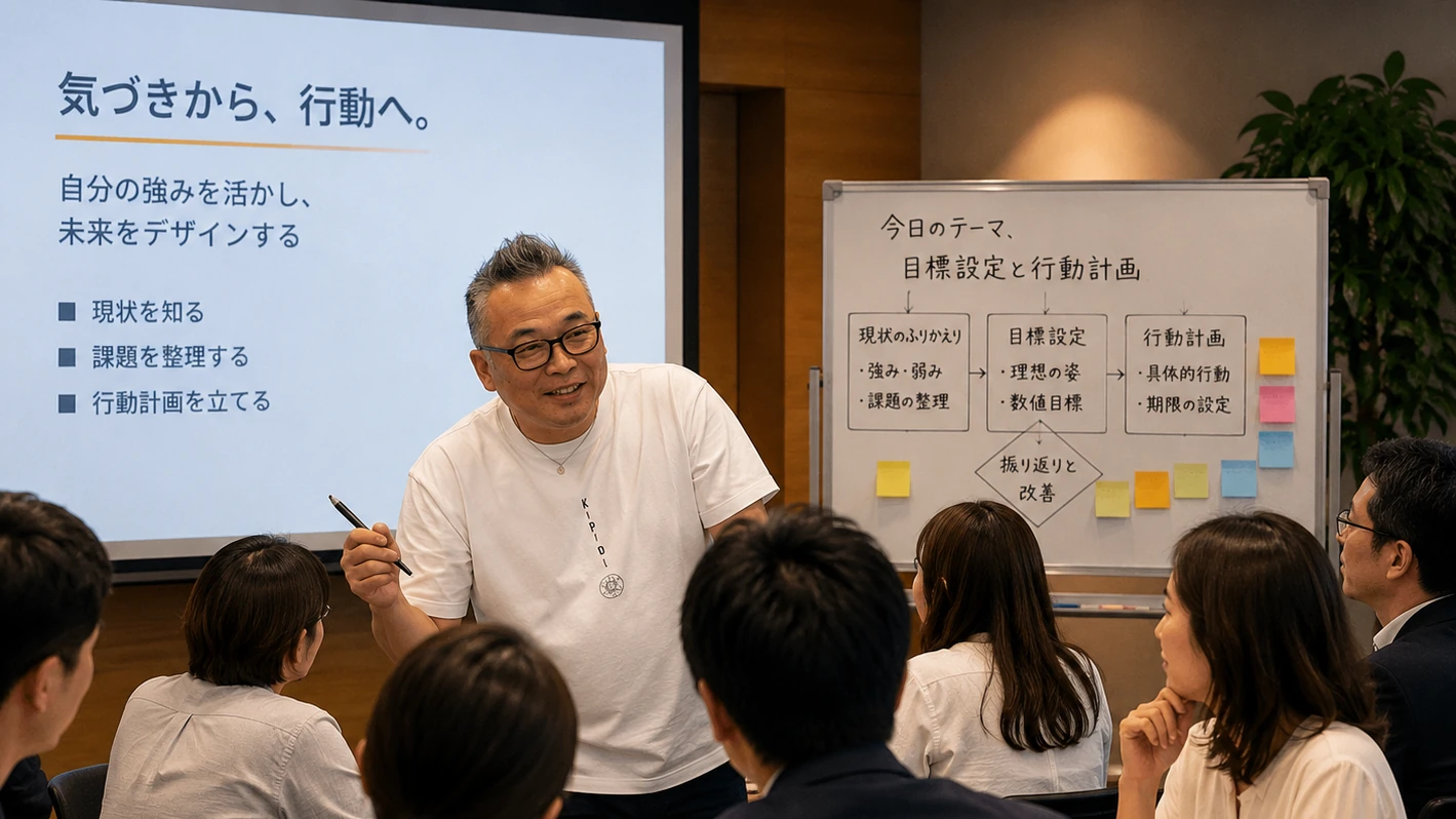 佐藤真永が企業研修で参加者に笑顔でアドバイスしている様子