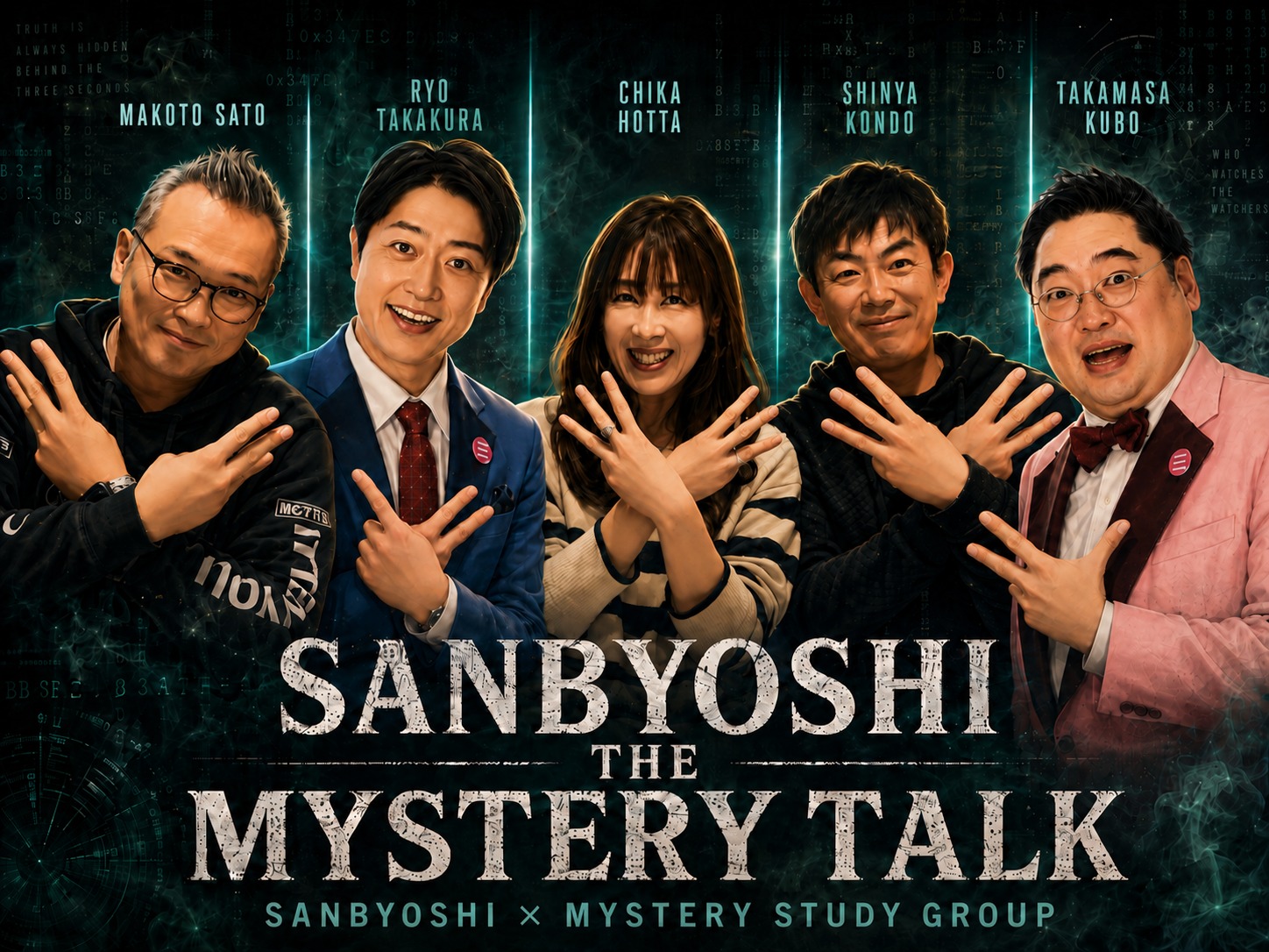 ミステリー研究会の3人と三拍子の2人、合計5人が登場する『三拍子そろったミステリートーク』のビジュアル